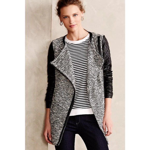 Anthropologie Jackets & Blazers - Anthropologie Tela Moto Jacket Size Large Black White Grey Tweed Quilted Leather